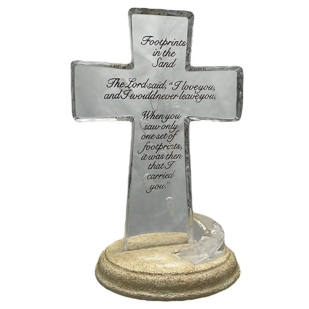 Bradford Exchange Glass Cross Footprints in the Sand Christian Decor